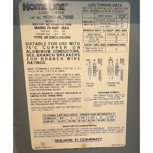 Homeline 70 Amp Pool Hot Tub Outdoor Main Lug Load Center HOM2-4L70RB - Picture 3 of 5